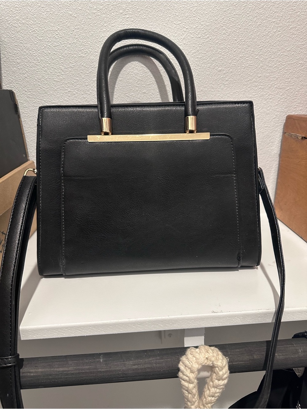 Black Structured Top-Handle Satchel with Gold Trim